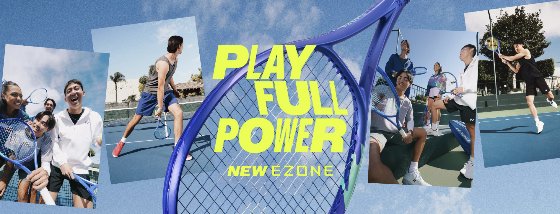 Tennis racket with 'Play Full Power New Zone' text, surrounded by tennis players on a court.