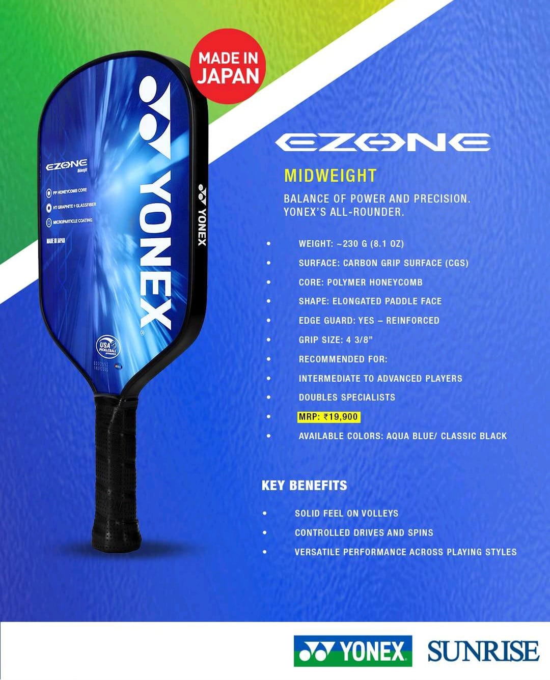 Yonex Ezone Midweight 230g Pickleball Paddle USPA Approved Made In Japan