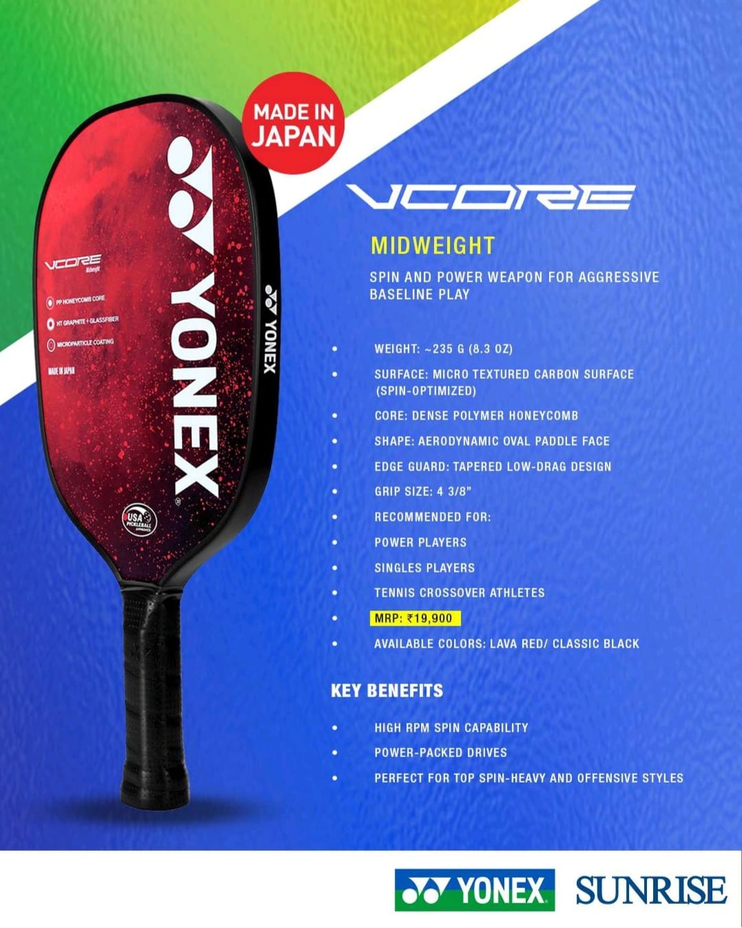 Yonex Vcore Midweight 235g Pickleball Paddle USPA Approved Made In Japan