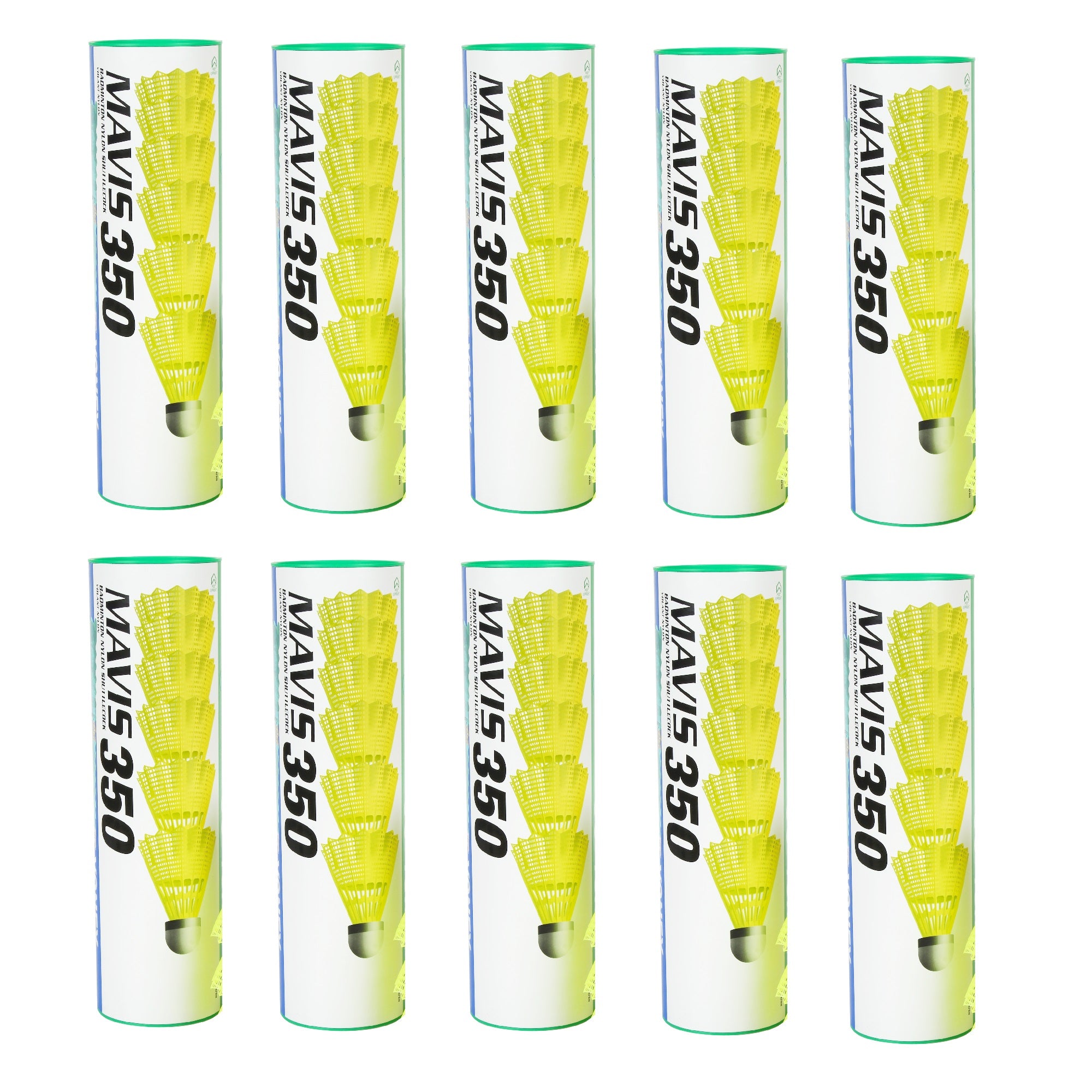 Yonex MAVIS 350 (Pack of 10 Box) - Green Cap Nylon Badminton Shuttlecock - Yellow (Slow, 75)