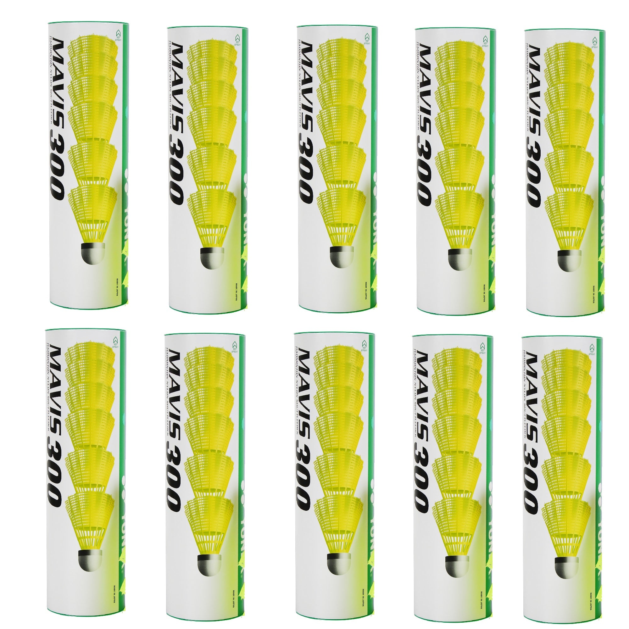 Yonex MAVIS 300 (Pack of 10 Box) - Green Cap Nylon Badminton Shuttlecock - Yellow (Slow, 75)