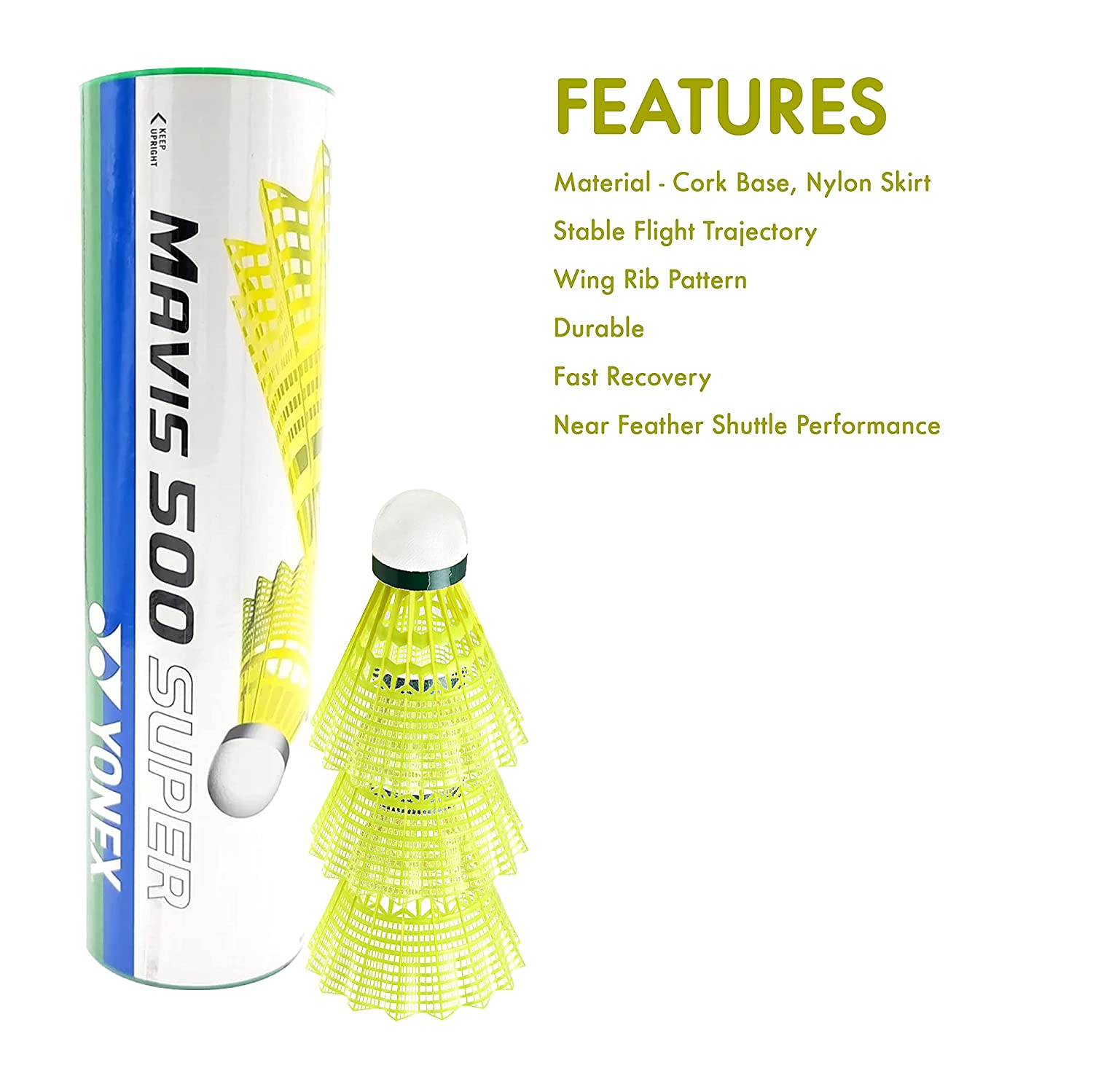 Yonex MAVIS 500 SUPER - Green Cap Nylon Badminton Shuttlecock - Yellow (Slow, 75)